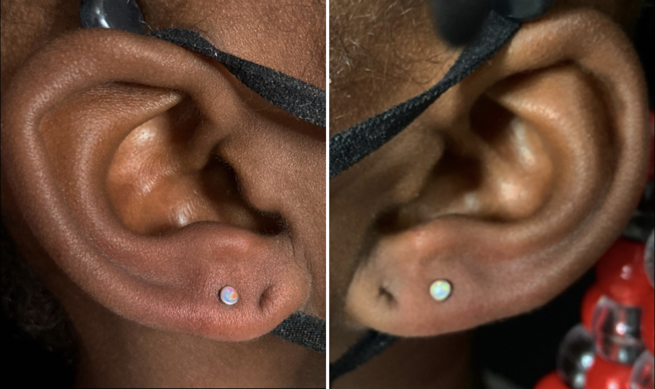 A man with an ear piercing and one with the earring.