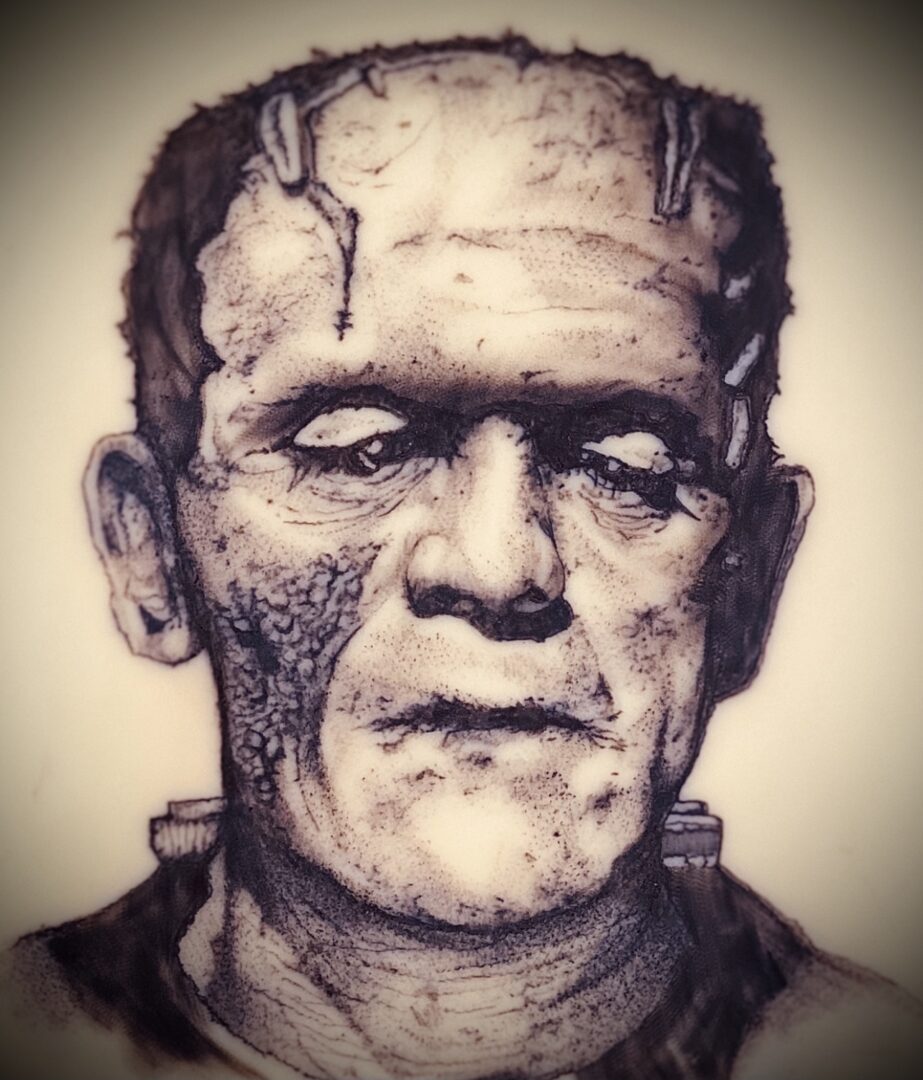 A drawing of frankenstein 's monster with black hair.