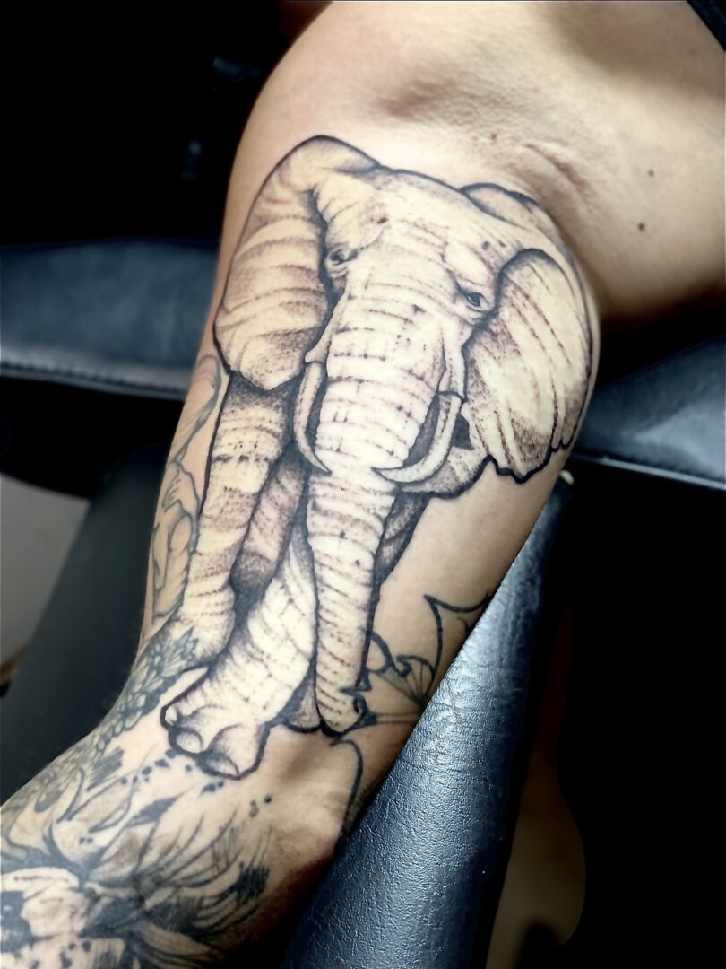 A tattoo of an elephant on the leg