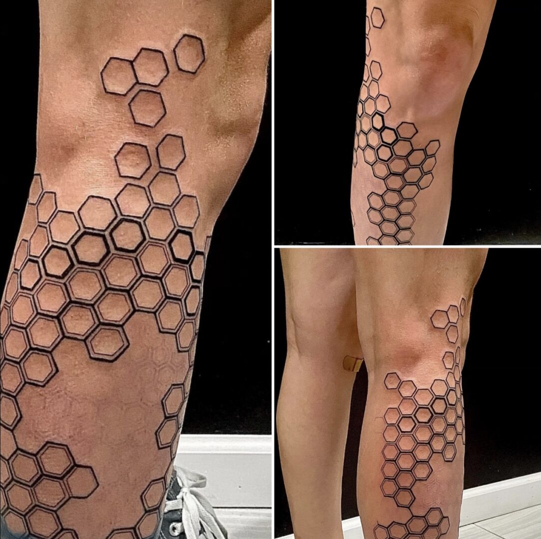 A tattoo of a honeycomb pattern on the leg.