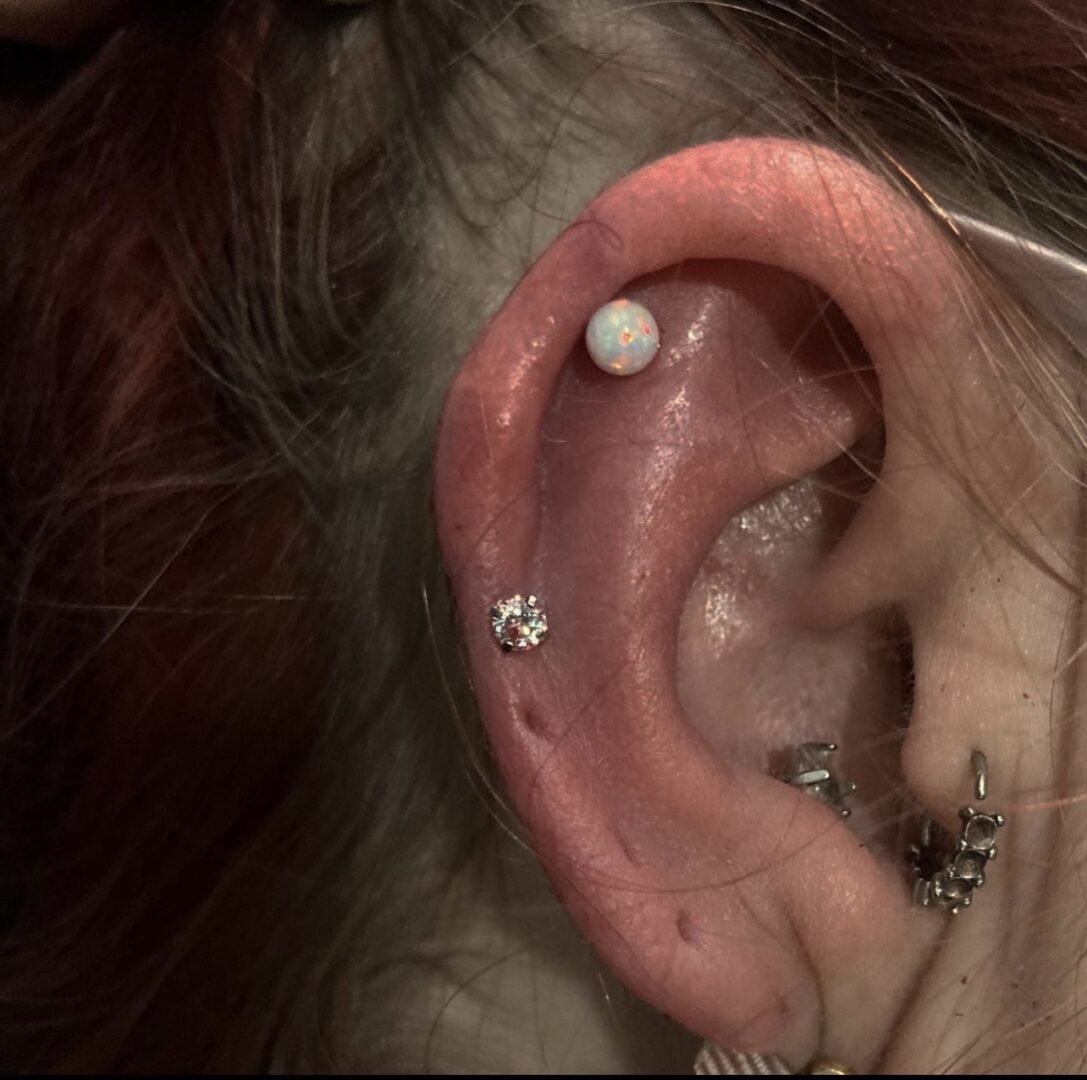 A woman with long hair and piercing in her ear.