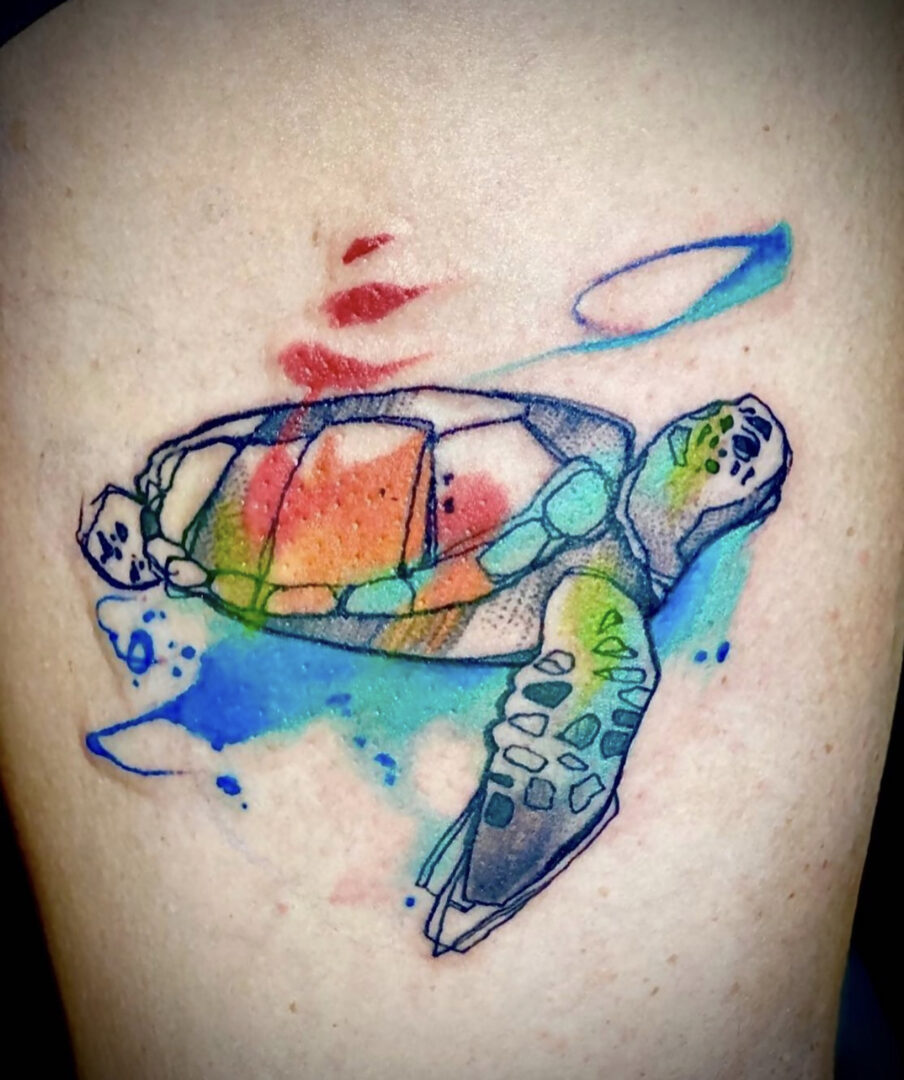 A colorful turtle tattoo on the arm of a person.