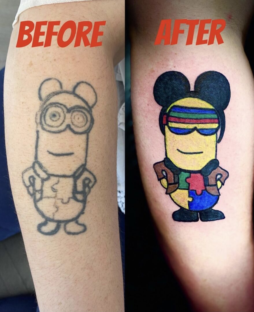 A before and after picture of the tattoo.