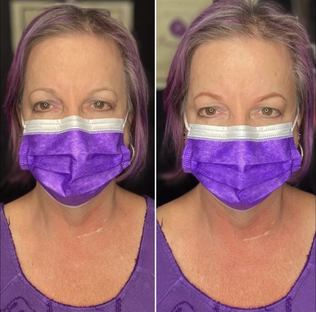 A woman with purple hair and a purple mask.