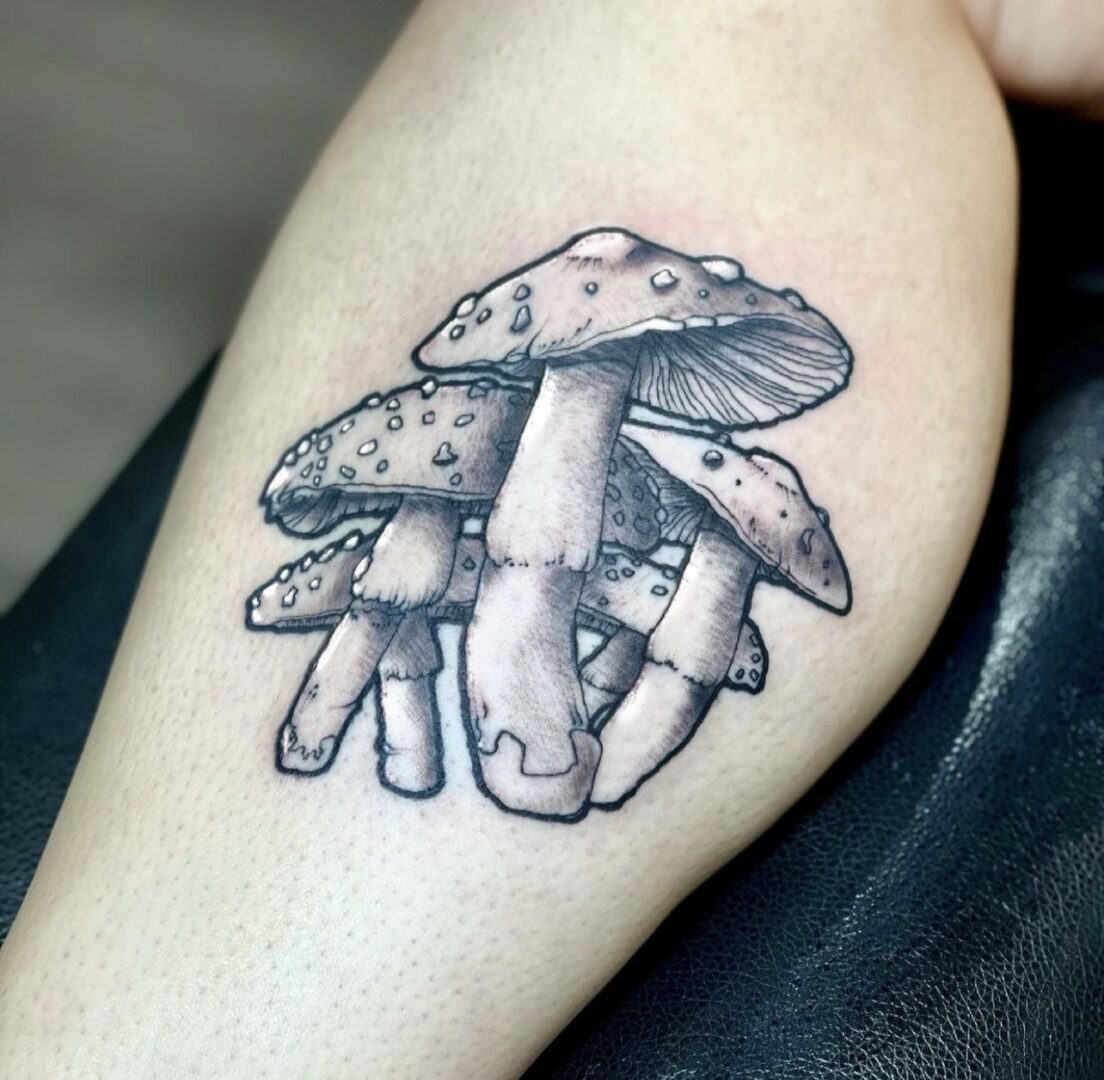 A tattoo of mushrooms on the arm.