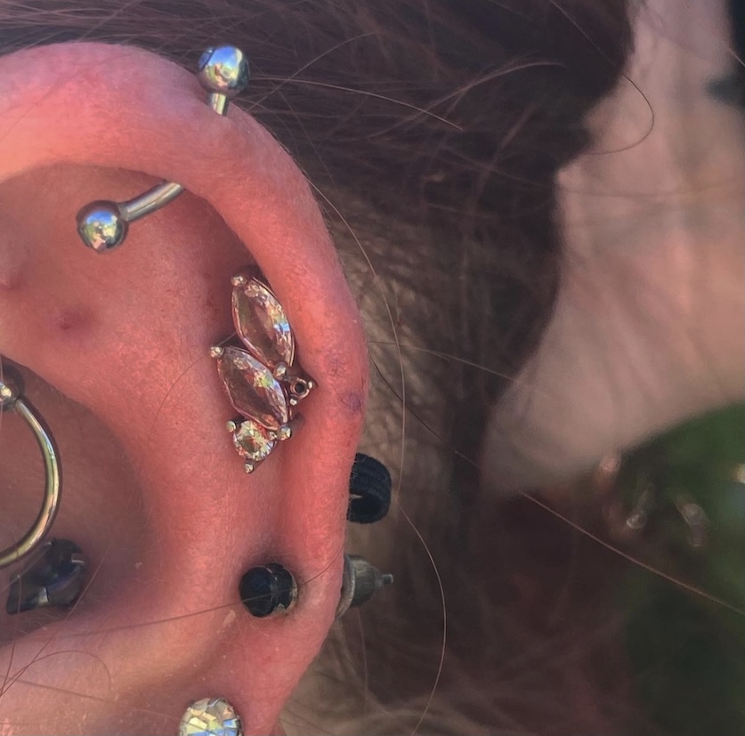 A person with multiple piercings in their ear.