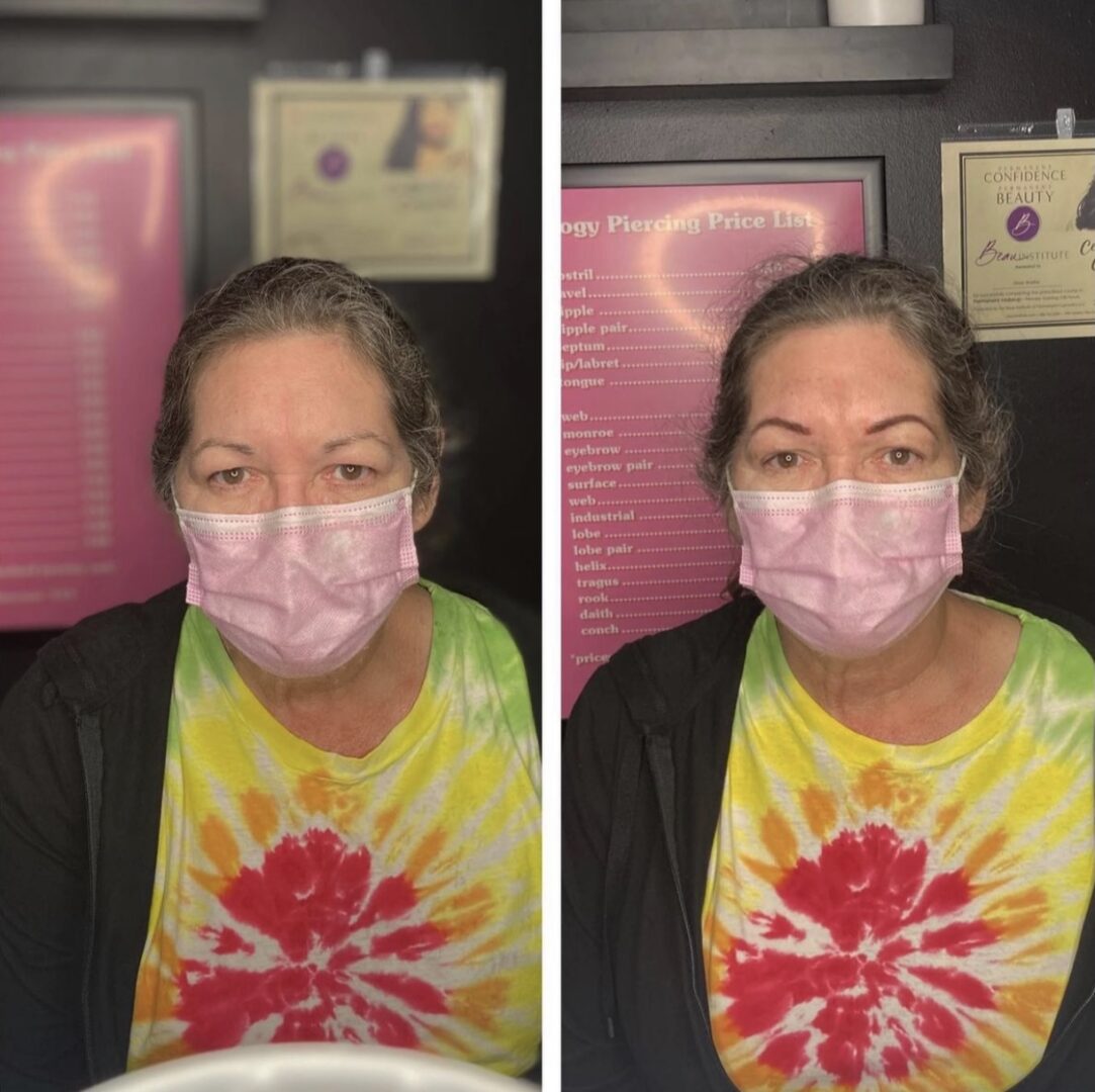 A woman wearing a pink face mask in front of a mirror.
