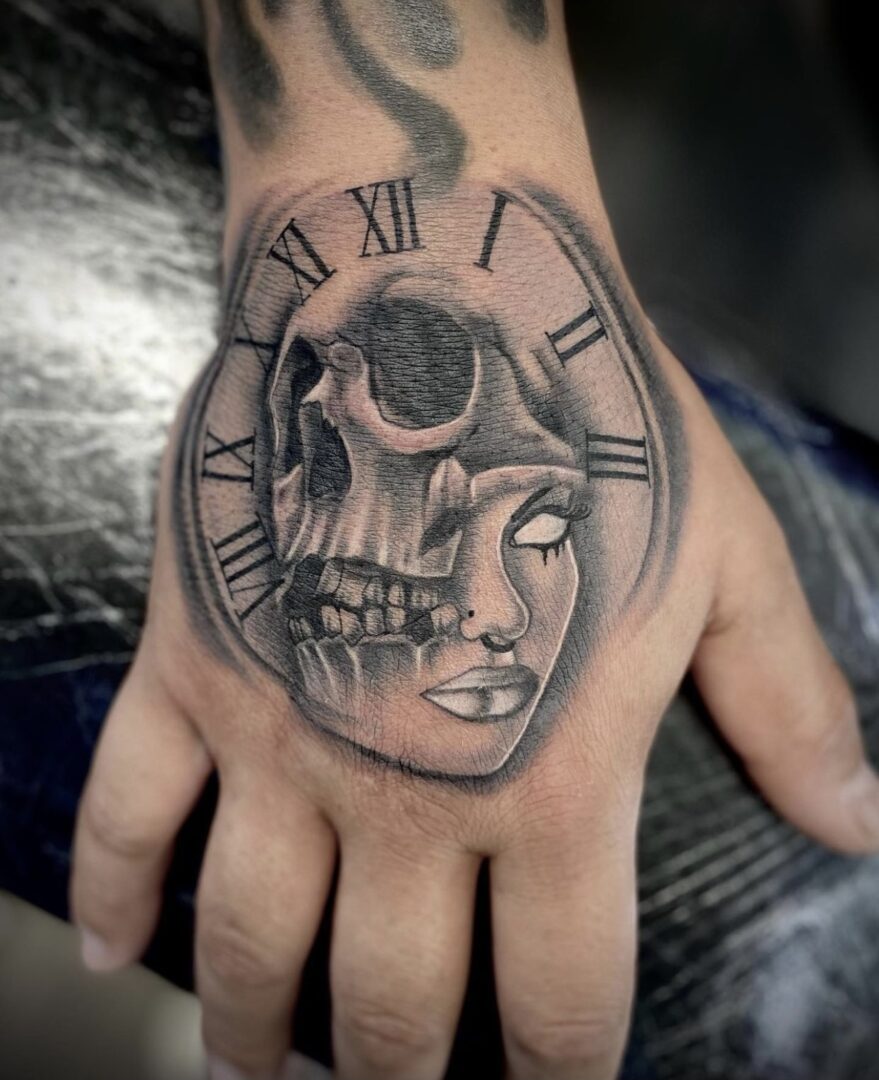 A hand with a skull and clock on it
