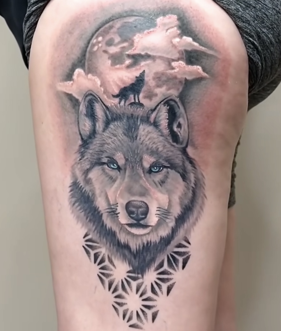 A wolf with clouds and stars on it's back