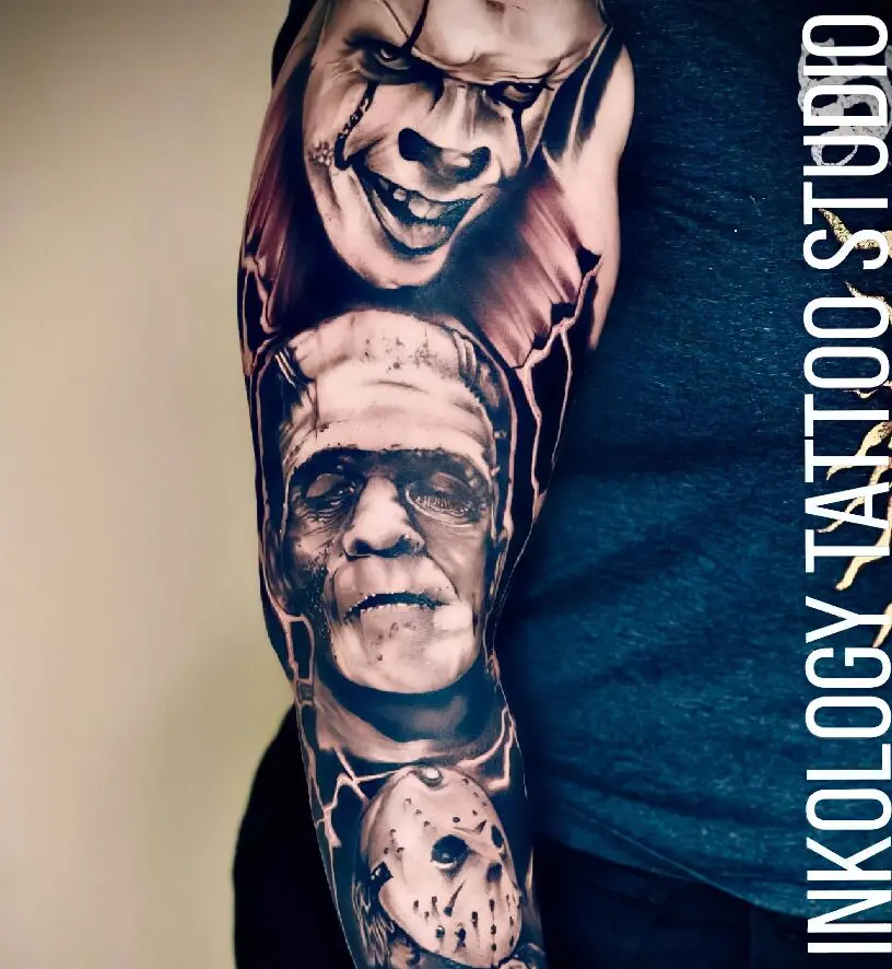 A man with a tattoo of two faces